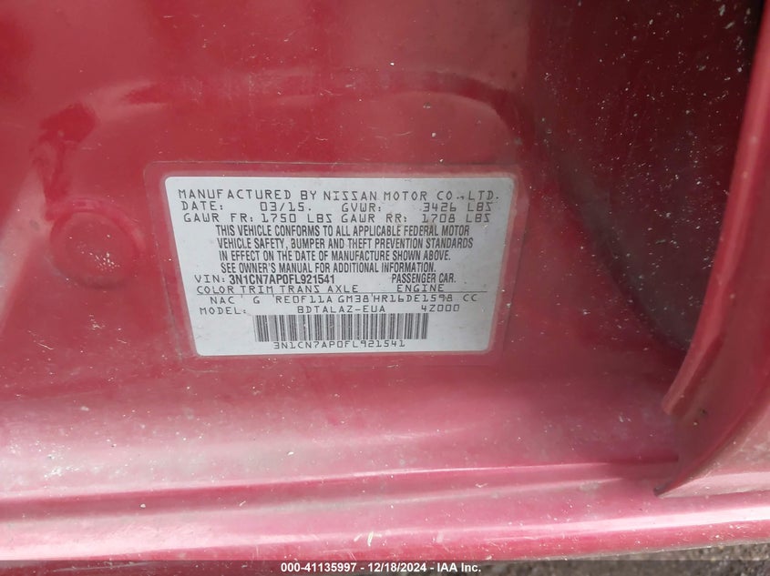 2015 NISSAN VERSA 1.6 S+ - 3N1CN7AP0FL921541