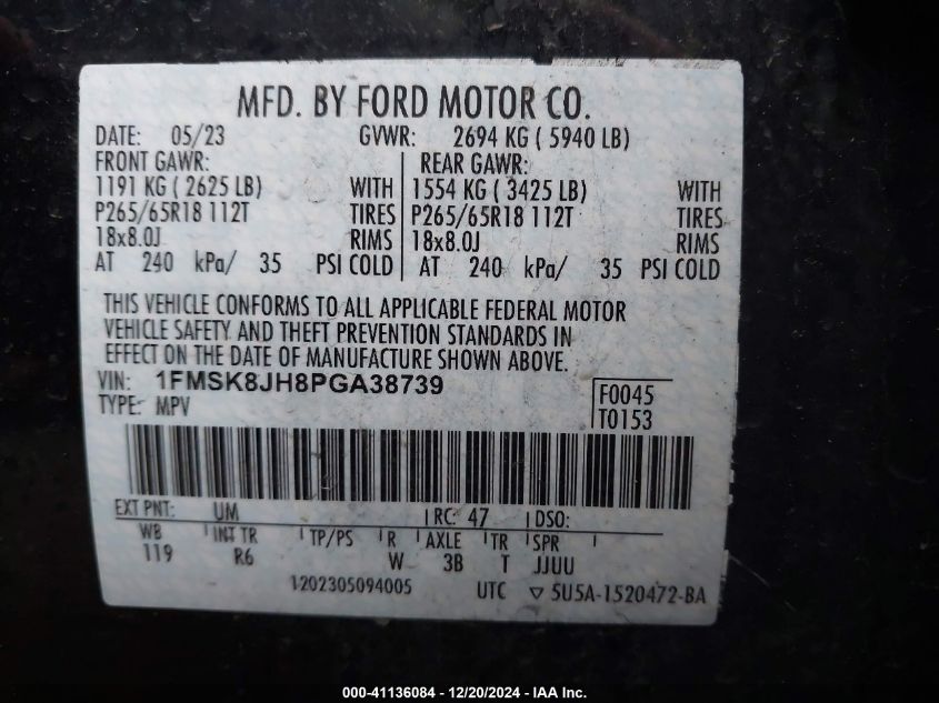 2023 Ford Explorer Timberline VIN: 1FMSK8JH8PGA38739 Lot: 41136084