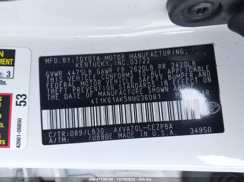 VIN 4T1K61AK5NU036081 2022 Toyota Camry, Xse no.9