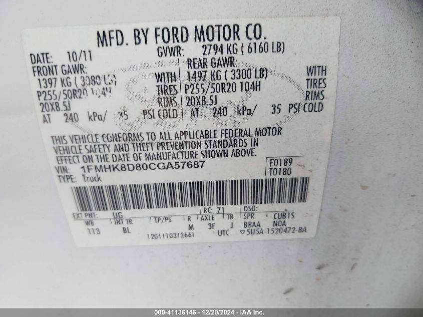 2012 Ford Explorer Xlt VIN: 1FMHK8D80CGA57687 Lot: 41136146