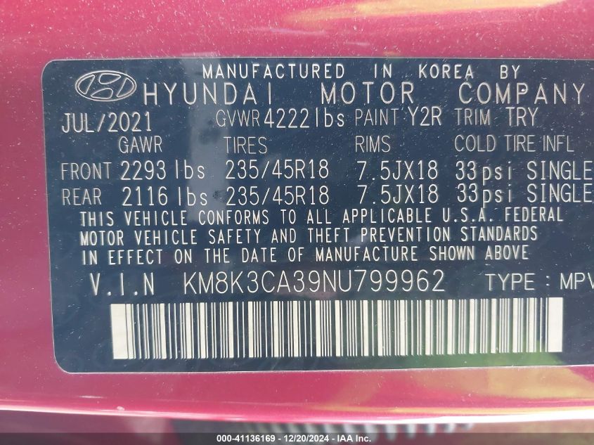 2022 Hyundai Kona N Line VIN: KM8K3CA39NU799962 Lot: 41136169