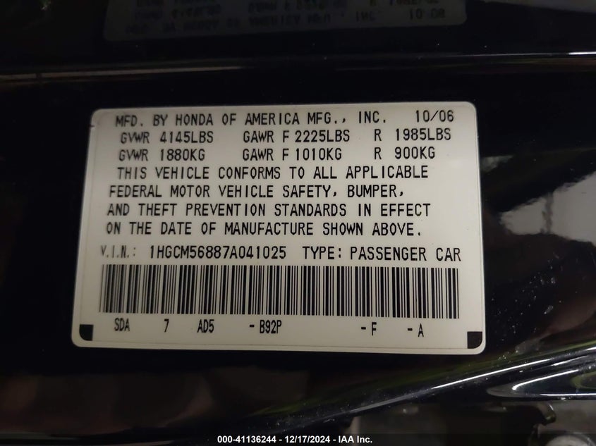 2007 HONDA ACCORD VIN: 1HGCM56887A041025