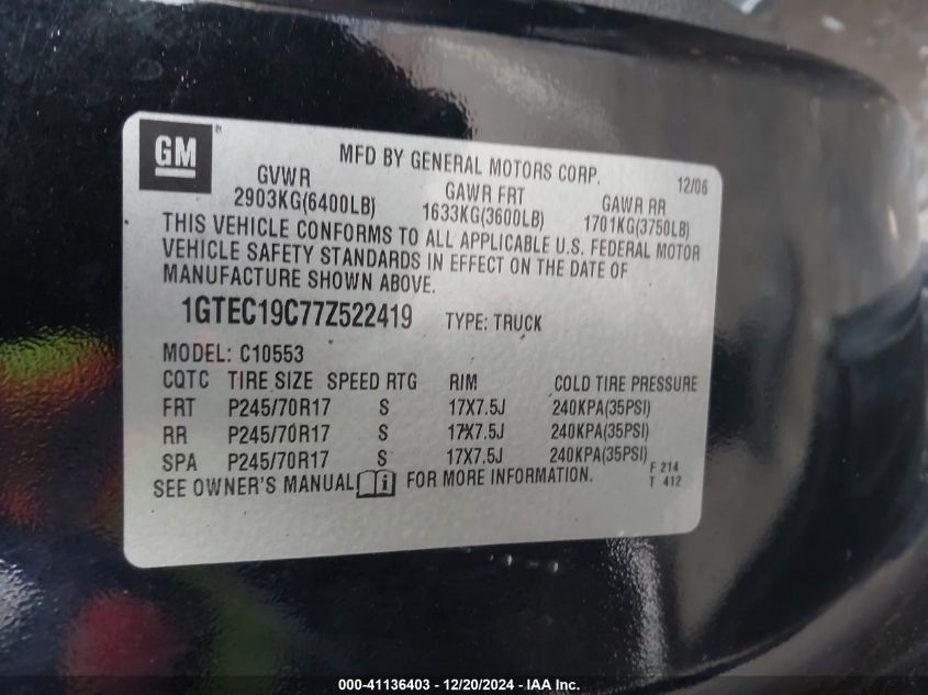 2007 GMC Sierra 1500 Sle1 VIN: 1GTEC19C77Z522419 Lot: 41136403