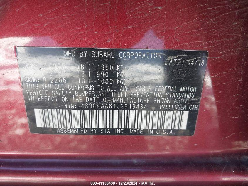 2018 Subaru Impreza 2.0I VIN: 4S3GKAA61J3619434 Lot: 41136430