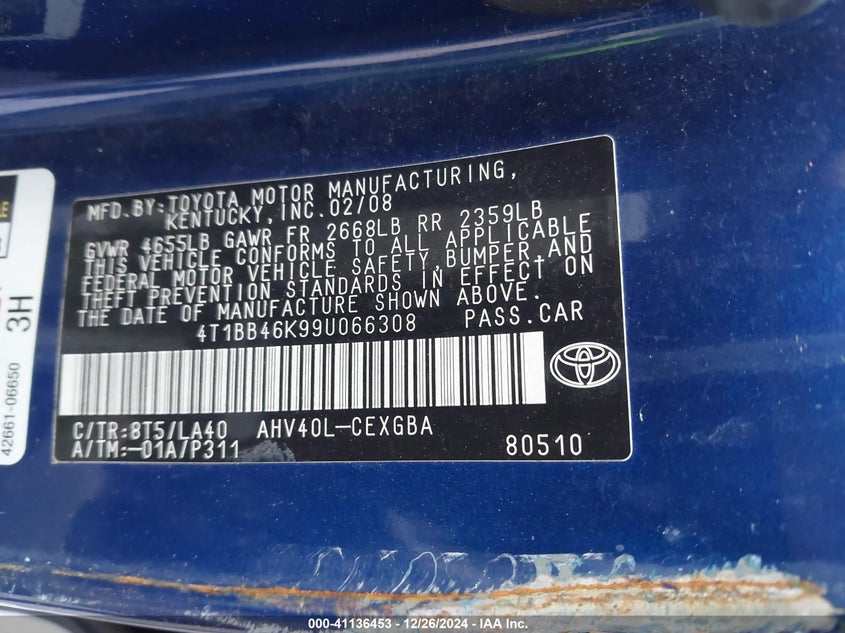 2009 TOYOTA CAMRY VIN: 4T1BB46K99U066308