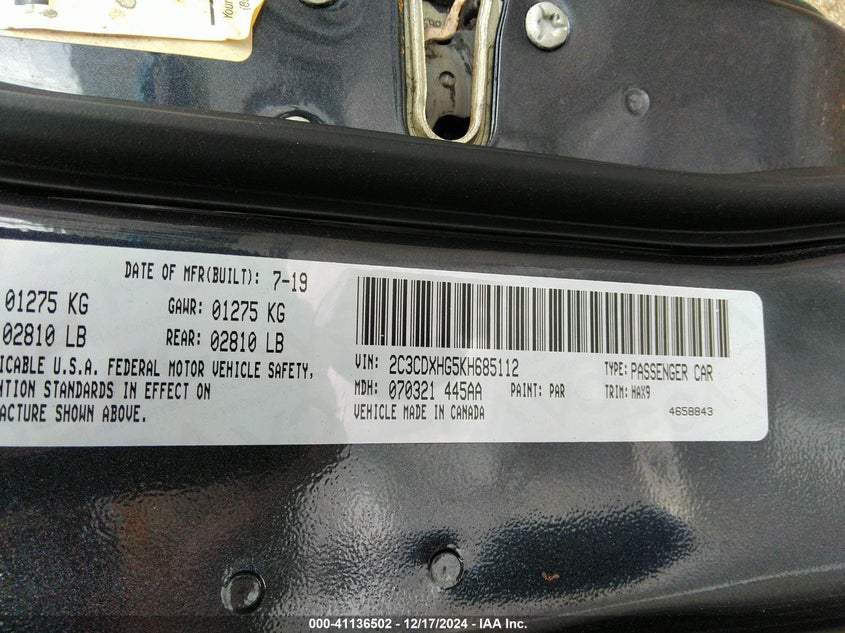 VIN 2C3CDXHG5KH685112 2019 DODGE CHARGER GT RWD