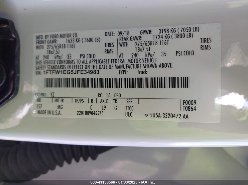 2018 FORD F-150 VIN: 1FTFW1EG5JFE34983