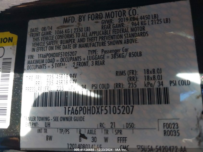 VIN 1FA6P0HDXF5105207 2015 FORD FUSION no.9