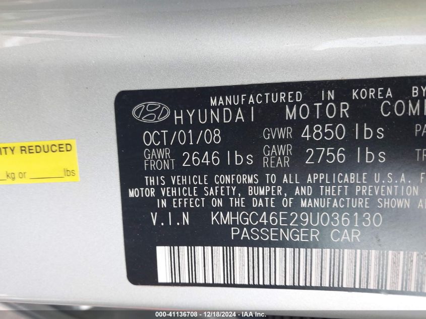 2009 Hyundai Genesis 3.8 VIN: KMHGC46E29U036130 Lot: 41136708