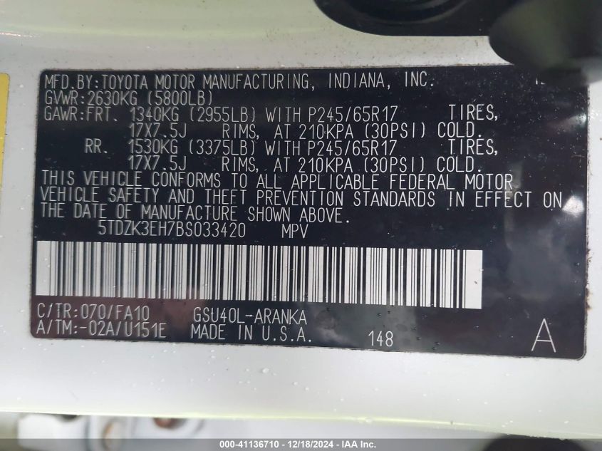 2011 Toyota Highlander Se VIN: 5TDZK3EH7BS033420 Lot: 41136710