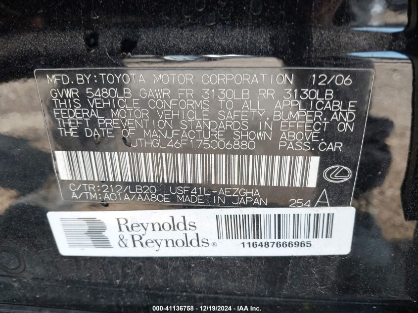 2007 Lexus Ls 460 L VIN: JTHGL46F175006880 Lot: 41136758