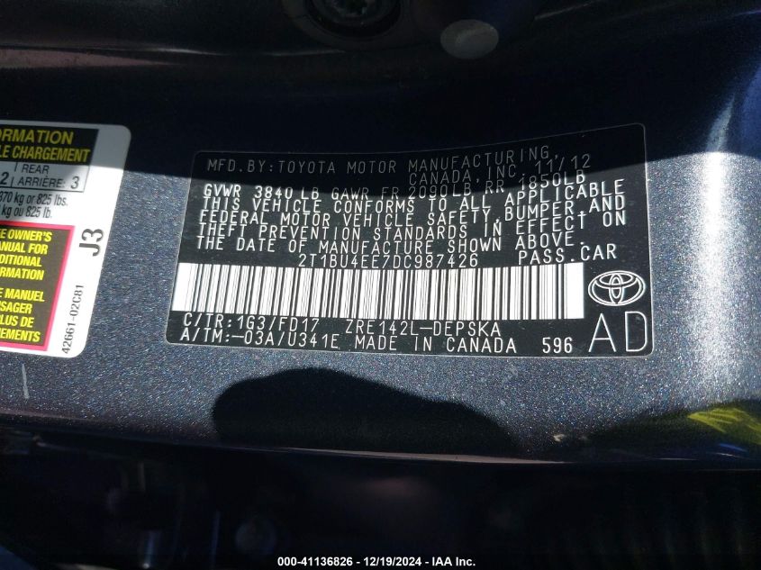 VIN 2T1BU4EE7DC987426 2013 Toyota Corolla, S no.9