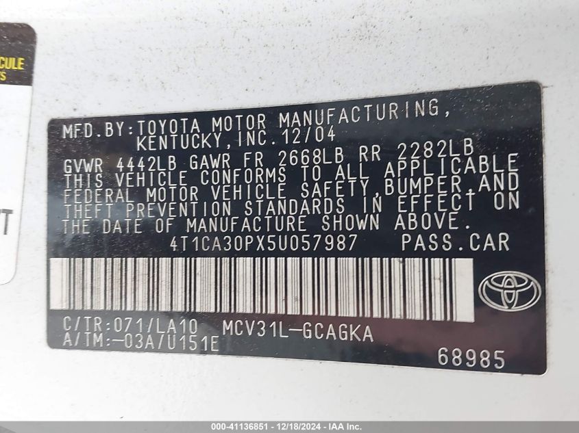 2005 Toyota Camry Solara Se Sport V6/Se V6/Sle V6 VIN: 4T1CA30PX50057987 Lot: 41136851