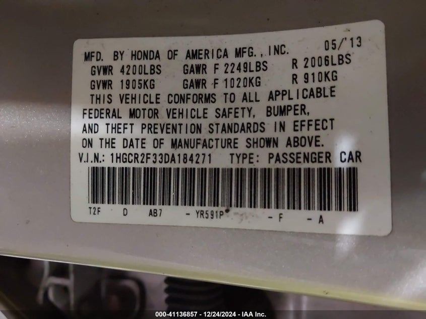 2013 HONDA ACCORD VIN: 1HGCR2F33DA184271