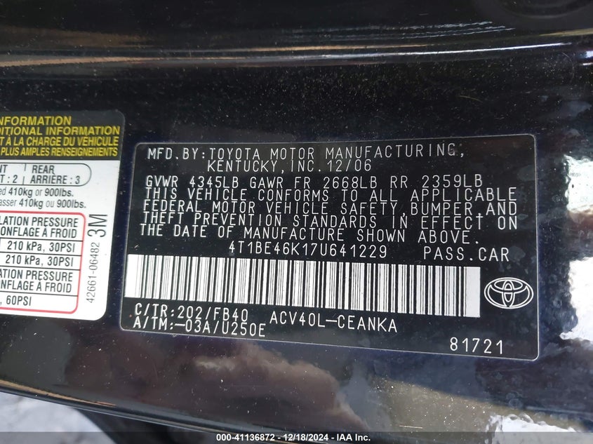 2007 TOYOTA CAMRY VIN: 4T1BE46K17U641229