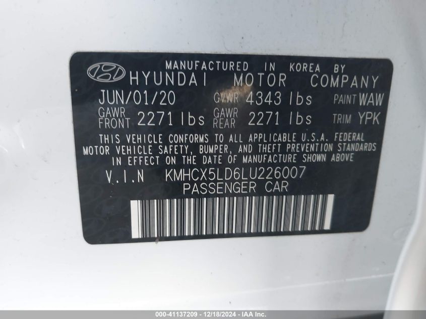 2020 Hyundai Ioniq Plug-In Hybrid Limited VIN: KMHCX5LD6LU226007 Lot: 41137209