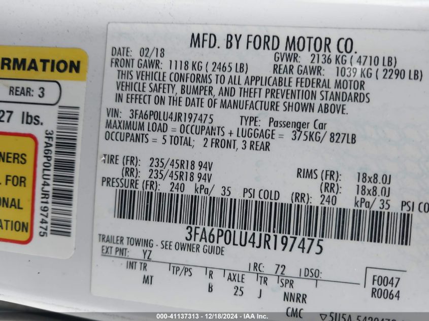 VIN 3FA6P0LU4JR197475 2018 Ford Fusion, Hybrid SE no.9