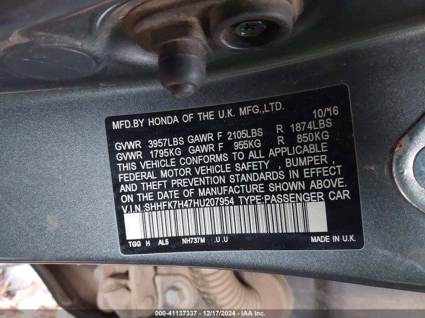 2017 HONDA CIVIC VIN: SHHFK7H47HU207954