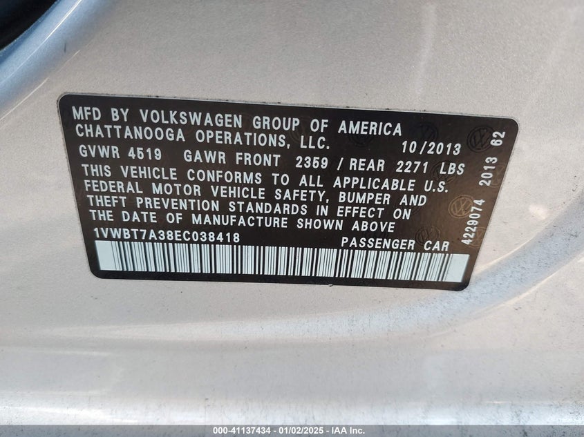 2014 VOLKSWAGEN PASSAT VIN: 1VWBT7A38EC038418