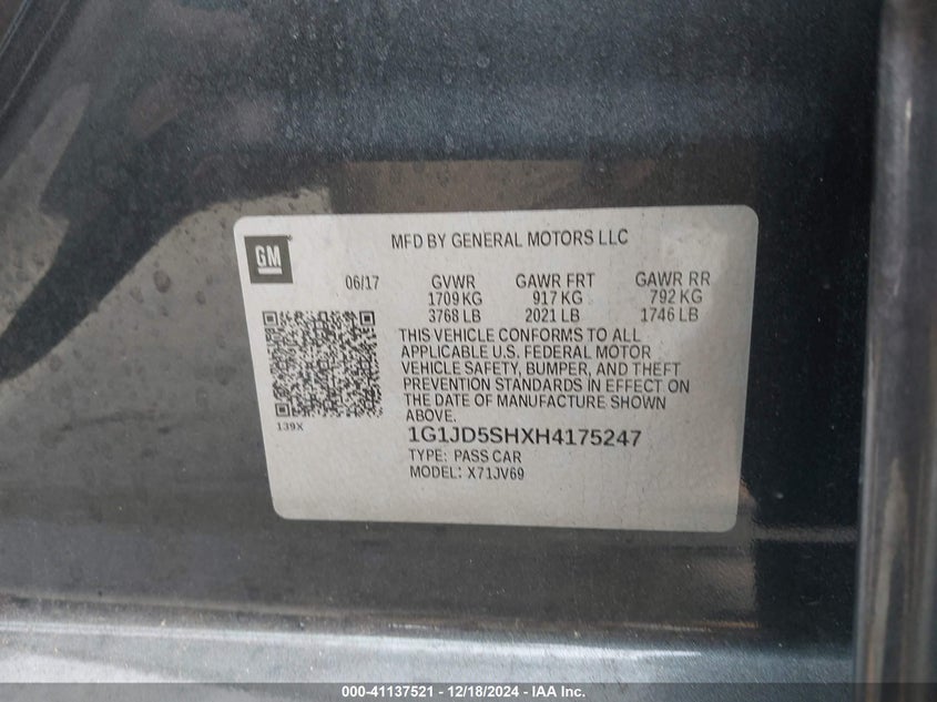 2017 CHEVROLET SONIC VIN: 1G1JD5SHXH4175247