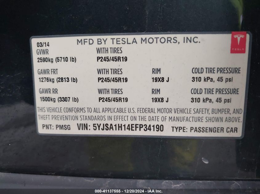 2014 Tesla Model S P85 VIN: 5YJSA1H14EFP34190 Lot: 41137555