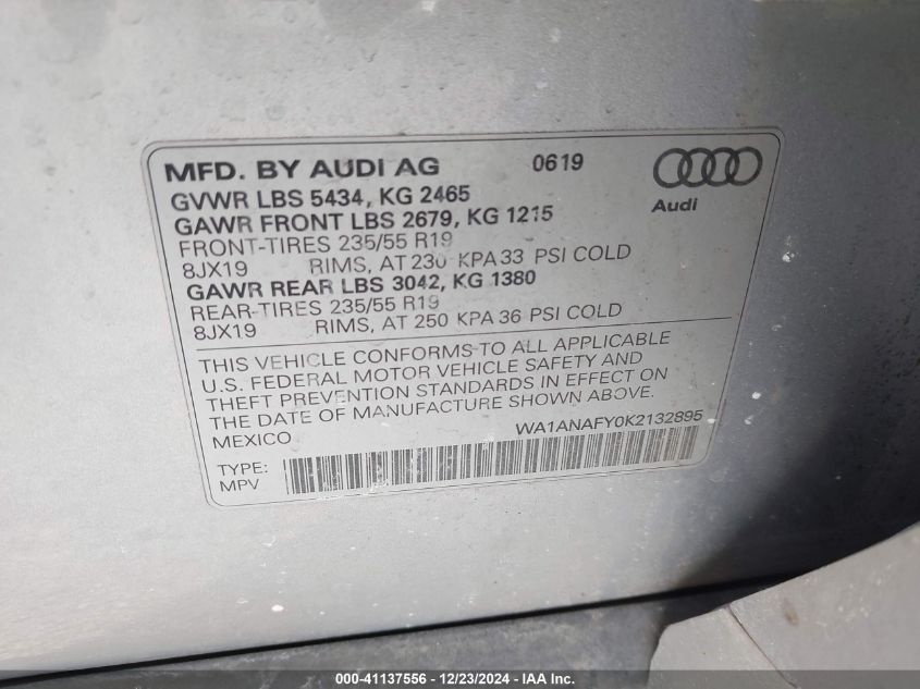 VIN WA1ANAFY0K2132895 2019 Audi Q5, 45 Premium no.9