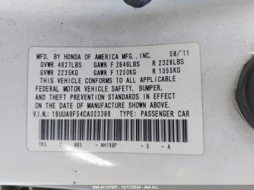 2012 Acura Tl 3.7 VIN: 19UUA9F54CA003389 Lot: 41137607