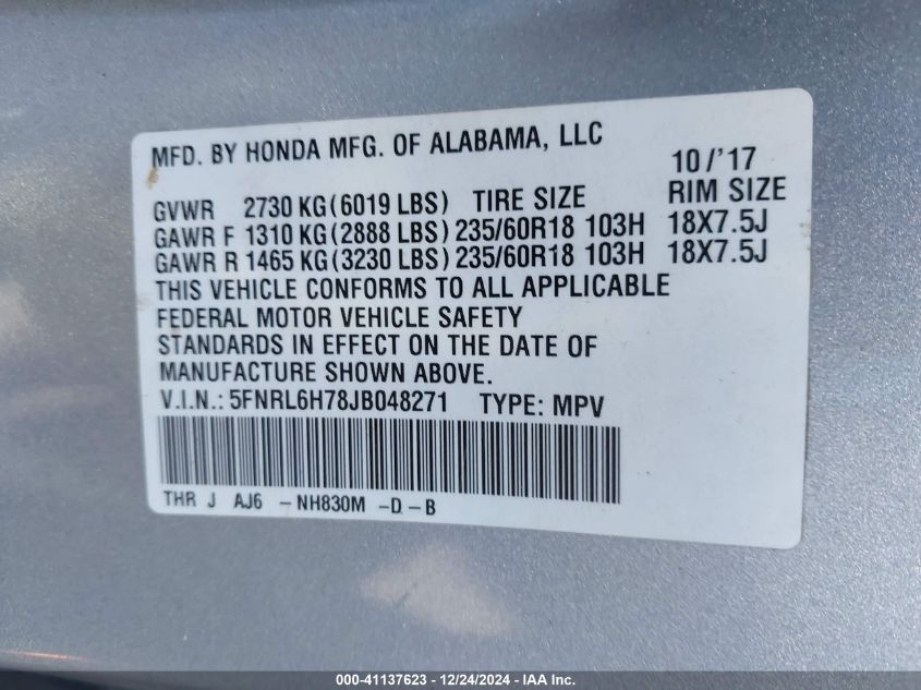 VIN 5FNRL6H78JB048271 2018 Honda Odyssey, Ex-L no.9