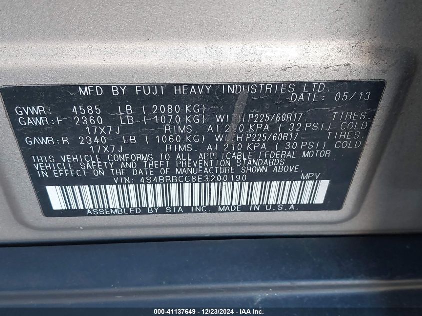 VIN 4S4BRBCC8E3200190 2014 Subaru Outback, 2.5I Pre... no.9