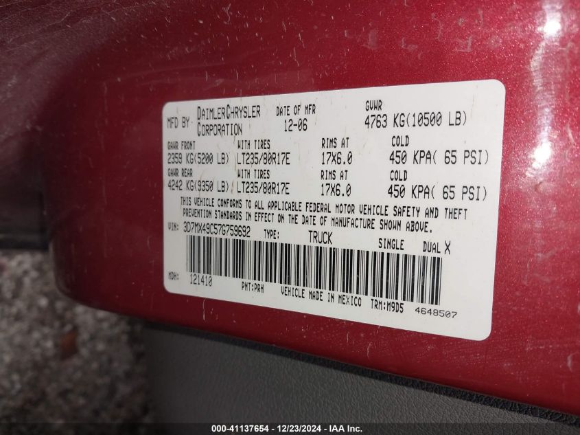 2007 Dodge Ram 3500 Slt VIN: 3D7MX49C57G759692 Lot: 41137654