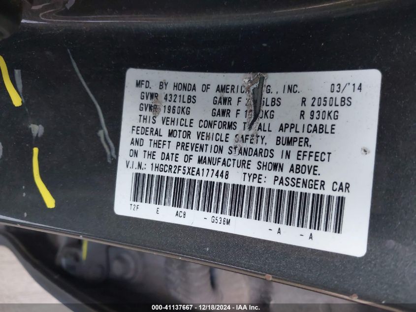 VIN 1HGCR2F5XEA177448 2014 HONDA ACCORD no.9