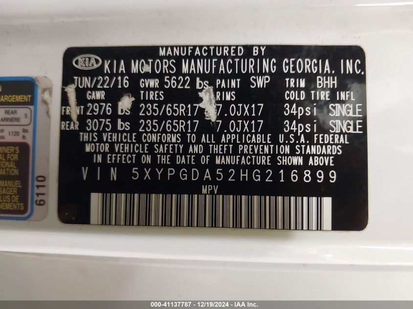 2017 KIA SORENTO 3.3L LX - 5XYPGDA52HG216899