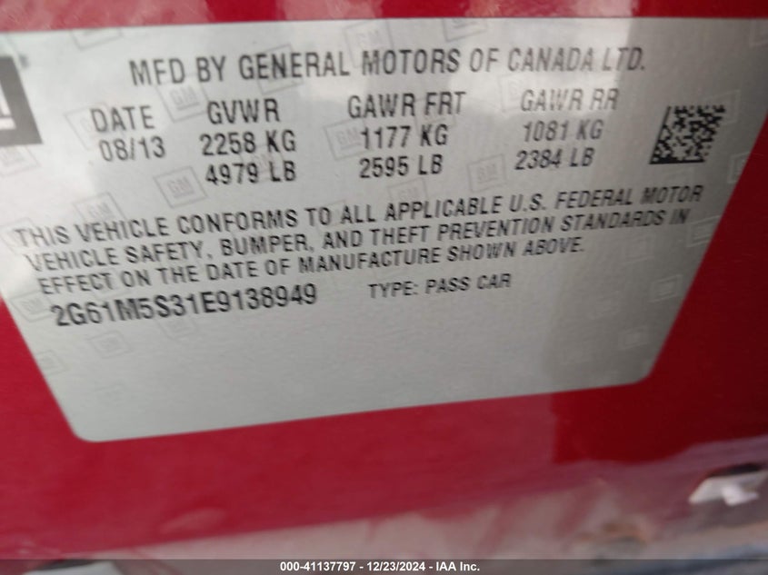 2014 CADILLAC XTS VIN: 2G61M5S31E9138949
