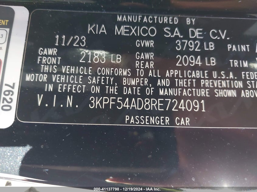 2024 KIA FORTE VIN: 3KPF54AD8RE724091