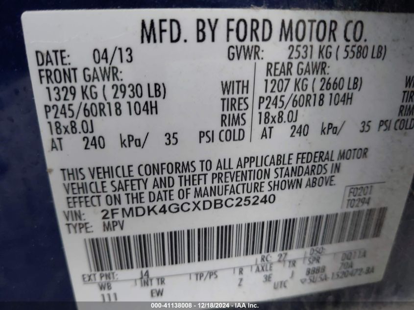 VIN 2FMDK4GCXDBC25240 2013 Ford Edge, SE no.9