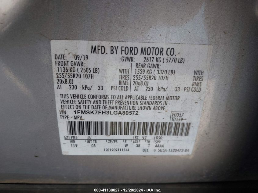 2020 Ford Explorer Limited VIN: 1FMSK7FH3LGA80572 Lot: 41138027