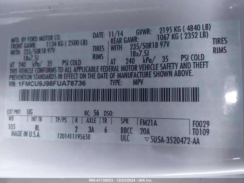 2015 FORD ESCAPE VIN: 1FMCU9J98FUA78736