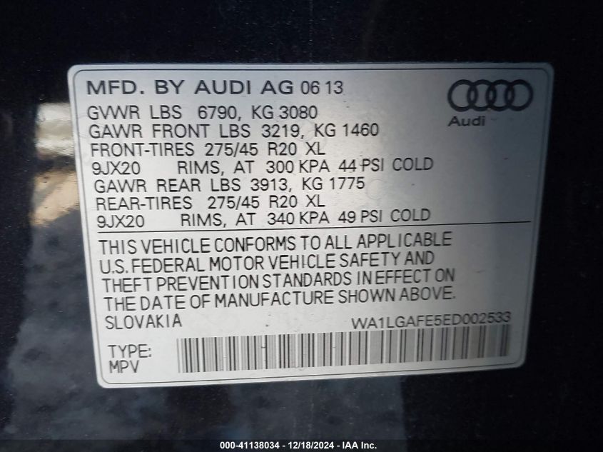 VIN WA1LGAFE5ED002533 2014 Audi Q7, 3.0T Premium Plus no.9