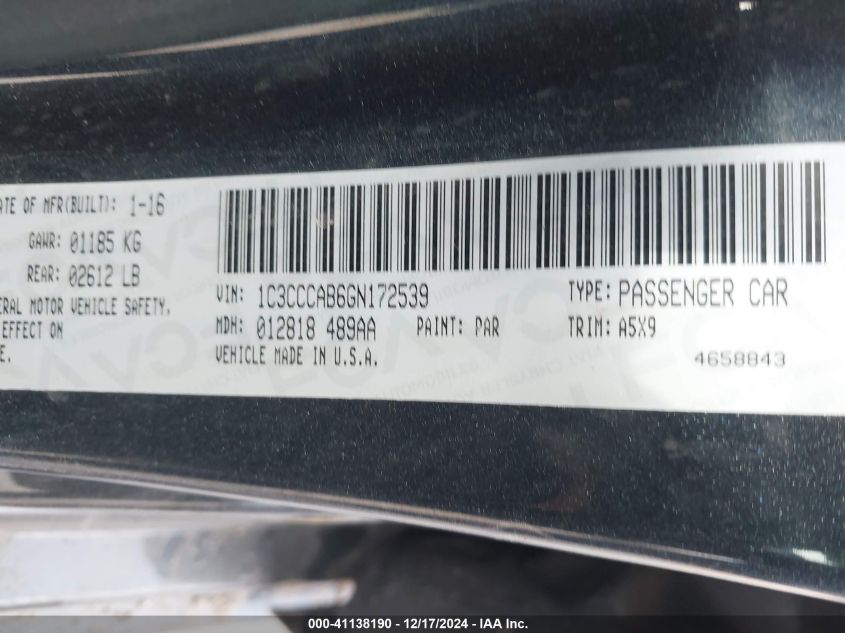 2016 Chrysler 200 Limited VIN: 1C3CCCAB6GN172539 Lot: 41138190