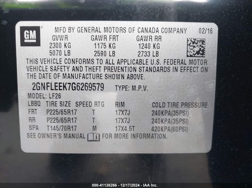 VIN 2GNFLEEK7G6269579 2016 Chevrolet Equinox, LS no.9