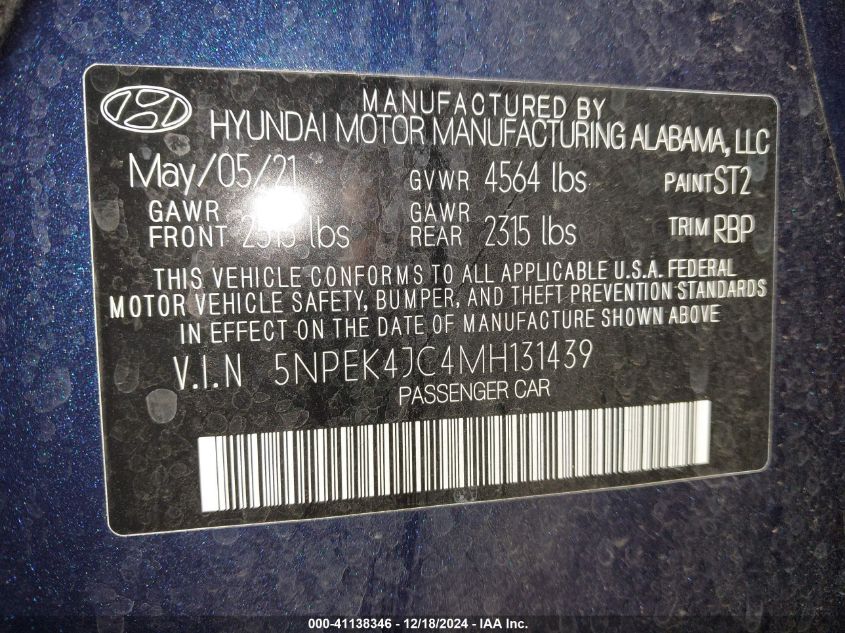 VIN 5NPEK4JC4MH131439 2021 HYUNDAI SONATA no.9