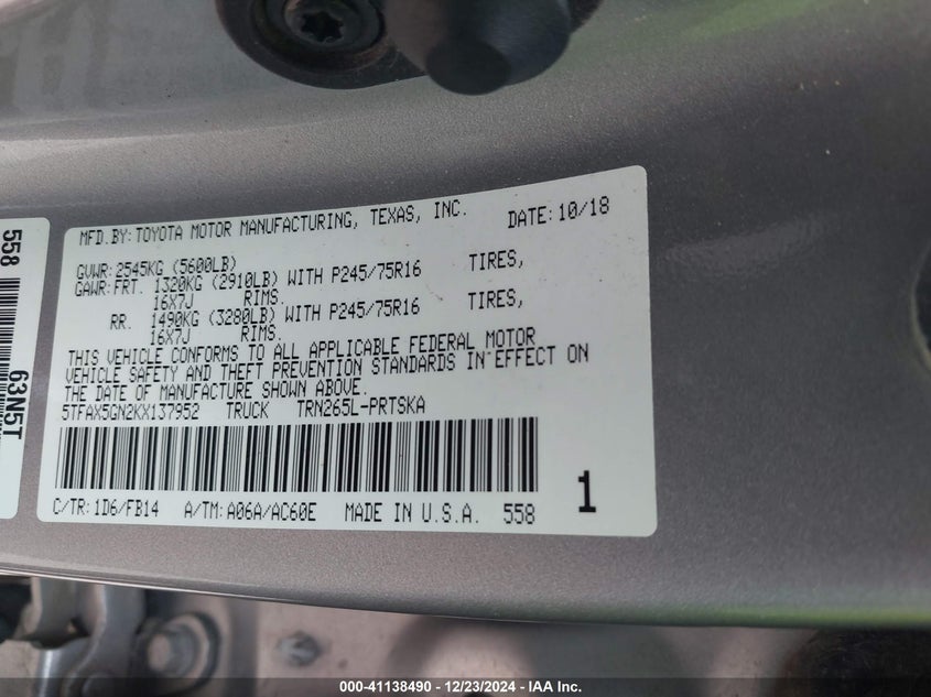 2019 TOYOTA TACOMA VIN: 5TFAX5GN2KX137952