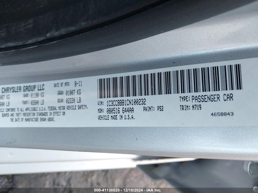2012 CHRYSLER 200 VIN: 1C3CCBBB1CN100232