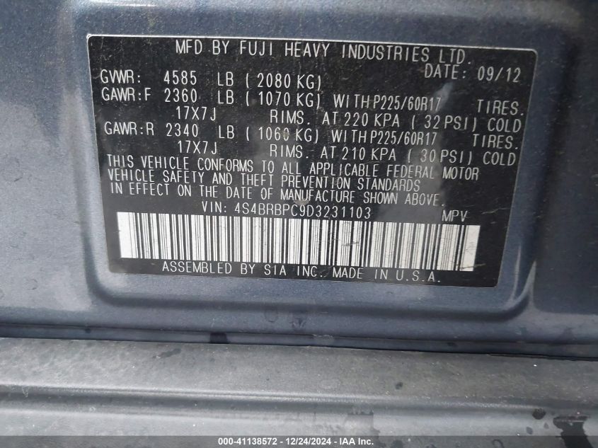 VIN 4S4BRBPC9D3231103 2013 Subaru Outback, 2.5I Lim... no.9