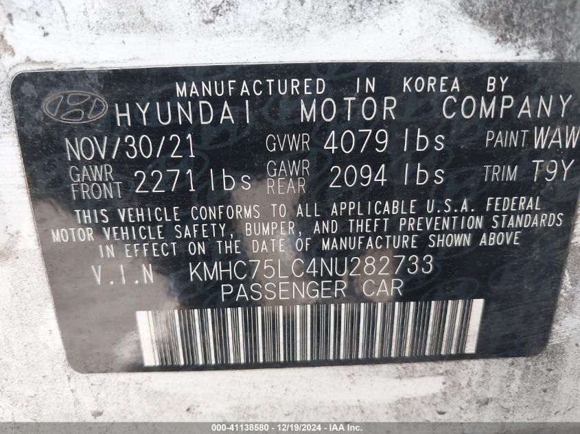 VIN KMHC75LC4NU282733 2022 Hyundai Ioniq, Hybrid SE no.9