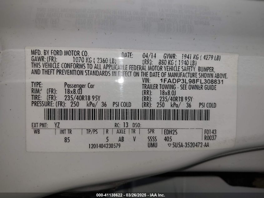 2014 Ford Focus St VIN: 1FADP3L98FL308831 Lot: 41138622