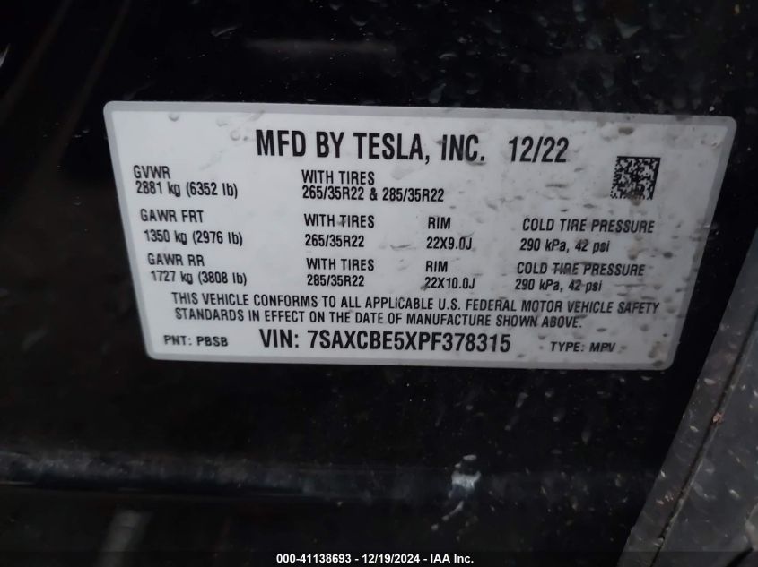 2023 Tesla Model X Dual Motor All-Wheel Drive/Standard Range VIN: 7SAXCBE5XPF378315 Lot: 41138693