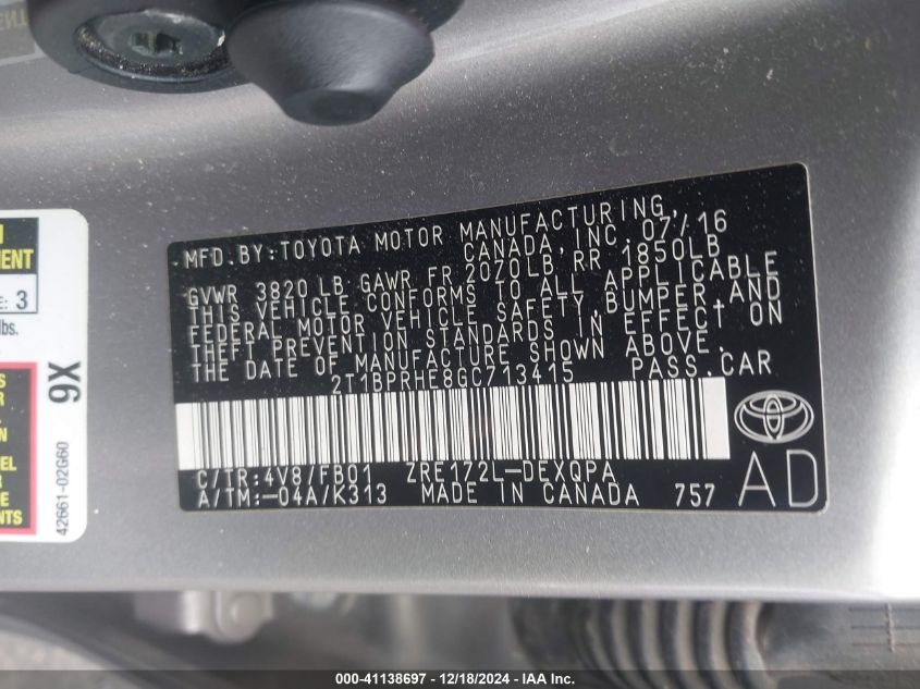 VIN 2T1BPRHE8GC713415 2016 Toyota Corolla, Le Eco no.9