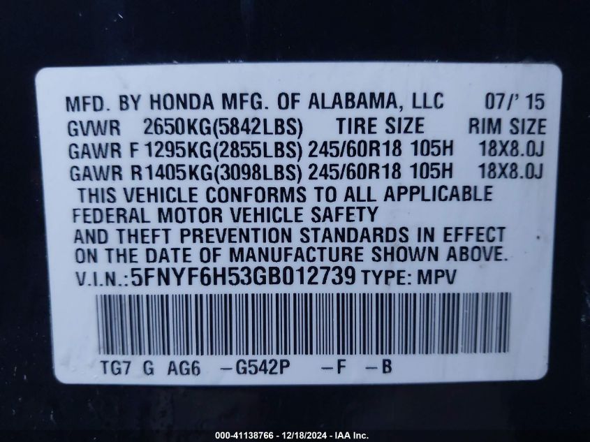 VIN 5FNYF6H53GB012739 2016 HONDA PILOT no.9