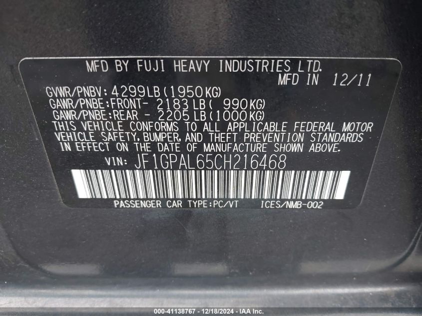 2012 Subaru Impreza 2.0I Sport Premium VIN: JF1GPAL6JCH216468 Lot: 41138767